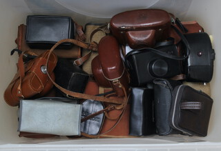 A collection of box cameras and other cameras in a plastic box 
