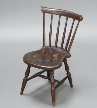 A child's 19th Century beech stick and rail back chair, painted with floral decoration, raised on turned supports with H framed stretcher 61cm h x 32cm w x 35cm d (some paint missing in places, small hole to the bar back)  