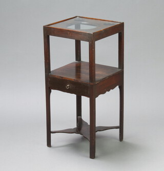A square Georgian mahogany washstand the upper section with 3 bowl receptacles and plate glass top, fitted a drawer and raised on an X framed stretcher 79cm h x 36cm  (split to base of stretcher) 