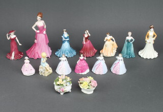 A Coalport figure - Ladies of Fashion Elizabeth 20cm and 10 other Coalport figures, 1 other, 2 floral displays