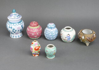 A modern famille rose ginger jar 10cm, 4 others and 2 vases