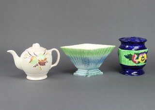 A Maling Ware teapot and cover, 2 flower holders
