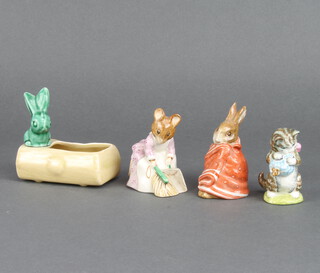 3 Beswick Beatrix Potter figures - Poorly Peter Rabbit 10cm, Miss Moppet 10cm, Hunca Munca sweeping 10cm and a Campsie Ware vase decorated with a rabbit 6cm 