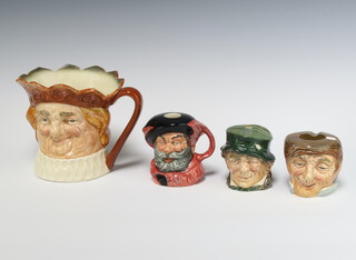 A Royal Doulton character jug Old King Cole A mark 15cm, ditto ashtray Farmer John 2890 7cm, another Paddy 7cm and a spirit bottle Falstaff (flaw to base) D6385 9cm 