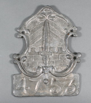 A reproduction lead shield shaped insurance plaque 25cm x 17cm 
