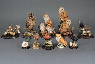 A Country Artists group - Barn Owl pair CA604 22cm on a wood base, a ditto Shadows in the Barn G500 19cm on wood base, 7 other Country Artists bird groups and a stuck Beswick owl (4 are damaged)