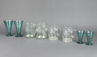 Two soda glass mugs with engraved galleons, 2 others and 4 beakers 