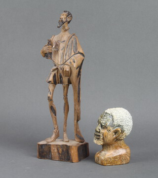 A carved hardwood figure of Don Quixote 38cm and a carved hardstone bust of a gentleman 12cm 