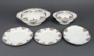 A Grindleys "The Balcombe" pattern part dinner service comprising 12 small plates, 11 medium plates, 12 dinner plates, 2 large meat plates, 2 small meat plates, a vegetable tureen, cover and stand, smaller ditto, tureen (no lid)  