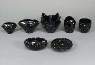 A vintage black glass and polka dot handkerchief vase 13cm, 5 other vases and a flower holder 