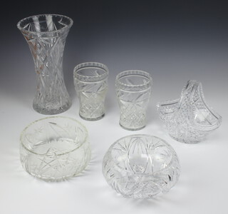 A cut glass basket 18cm, a flared neck vase 30cm (chipped), a pedestal bowl 18cm, a pair of vases 17cm and a fruit bowl 19cm