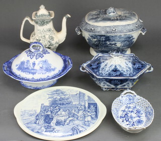 A Victorian transfer print tureen and cover 30cm and minor blue and white china 