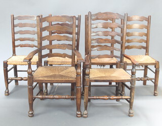 A 20th Century harlequin set of 6 elm ladder back dining chairs with woven rush seats, (2 seats with damage) raised on turned supports - 2 carvers, 106cm h x 57cm w x 50cm d and 4 standard 99cm h x 48cm w x 40cm d (frames loose) 