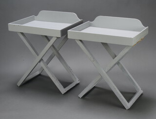 A pair of grey painted folding butlers trays complete with stands 81cm h x 67cm w x 49cm d 