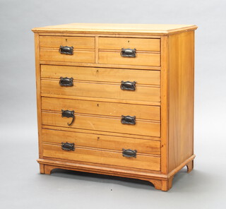A Victorian satinwood chest of 2 short and 3 long drawers with plate drop handles, raised on square supports 92cm h x 90cm w x 50cm d (ring marks to the top, top is warped) 