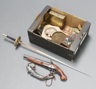 A reproduction Spanish fencing foil 79cm, a reproduction flintlock pistol, powder flask, various tins and curios 