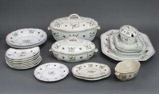 A Copeland Spode Randall's birds pattern dinner service comprising a large octagonal meat plate (a/f), 4 graduated octagonal plates (3 a/f), 2 large tureens and covers (1 a/f), 7 hors d'oeuvres plates (4 a/f), a small tureen and cover (a/f), small tureen (a/f), 2 stands (a/f), 1 small plate, 1 large tureen and cover, 4 bowls (2 a/f) 