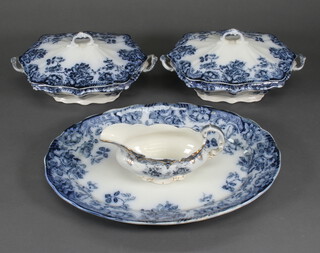 A pair of Edwardian transfer print tureens and covers, a meat plate and a similar sauce boat  