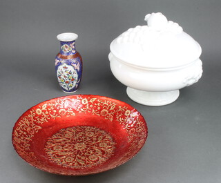 A Continental red ground ceramic shallow dish decorated with flowers 40cm, a modern Imari vases and a moulded tureen and cover 
