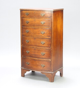 A Georgian style crossbanded mahogany bow front chest of 6 drawers with swan neck drop handles, raised on bracket feet 107cm h x 57cm w x 40cm (contact marks throughout) 