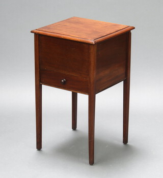 A square 1930's mahogany sewing box with hinged lid, the base fitted a drawer, raised on square tapered supports 66cm h x 39cm 
