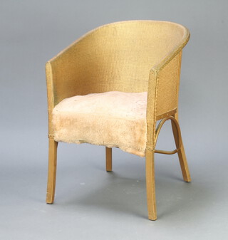 A gold painted Lloyd Loom style tub back chair 63cm h x 52cm w x 43cm d together with a blue painted ditto 