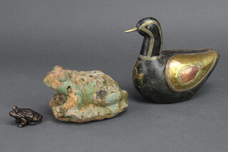 An Indian brass mounted wooden figure of a duck, a stoneware frog and 1 other 