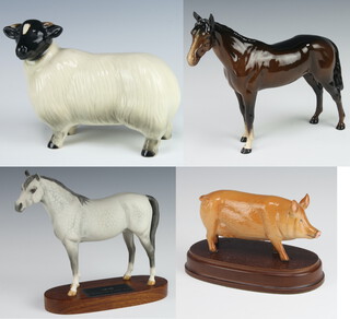 A Beswick Connoisseur Series model - Arab 1771 modelled by Arthur Gredington, matt grey, raised on a wooden socle base 20cm, a Royal Doulton figure of a pig  8cm, a china model of a standing ewe 15cm and 1 other Beswick figure - Racehorse H701, brown gloss, modelled by Arthur Gredington 20.3cm