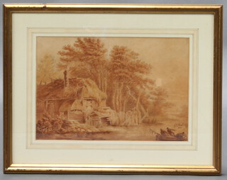 E A Hunt 1855-1922, watercolour, study of figures in rowing boat by a boat house,  signed and dated E A Hunt 1837 24cm x 34cm 