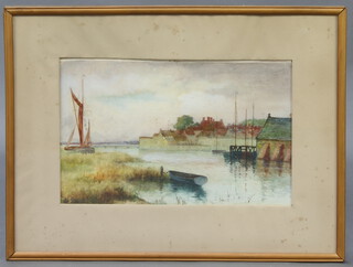 M Groves, watercolour drawing, study of a moored Thames barge with bridge in distance 22cm x 36cm (some foxing)