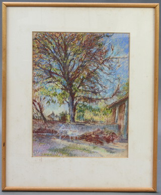 Sally Stride, impressionist gouache drawing, study of a garden with trees, table and chairs, signed 44cm x 33cm  