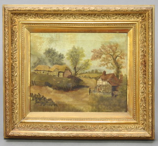 19th Century oil paintings on canvas, a pair, naive study of figures before buildings and a pond 24cm h x 29cm  
