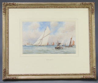 C Dixon, coloured print, maritime study with boats and tugs, bearing a label to reverse 22cm x 36cm 