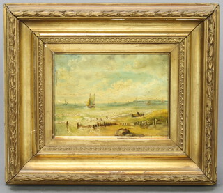 19th Century oil on canvas, beach scene with fishing boats 40cm x 20cm 