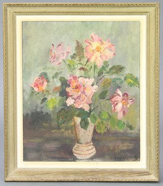 Janine DeHelly oil on canvas signed, still life, vase of flowers 54cm x 44cm 