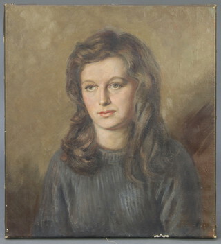 Oil on canvas unsigned and unframed, portrait of a young lady 55cm x 50cm, inscribed on the reverse 