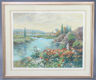 Henri Plisson (1908-2002), limited edition print, signed in pencil by the artist, Continental riverscape with figures, no. 3 of 295, 59cm x 76cm  