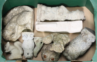A well weathered concrete figure of a squirrel 20cm x 16cm x 7cm together with 8 other concrete figures