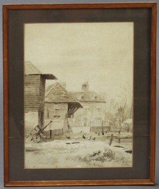 A pencil drawing of a house, cart and chickens 26cm x 19cm 