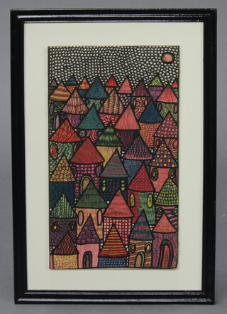 K A Balogun, mixed media African polychrome studies, African huts 37cm x 22cm 