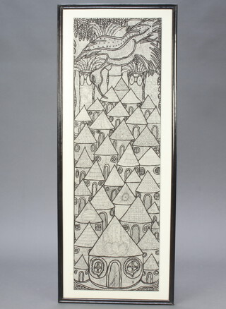 K A Balogun, Nigeria, pen and ink African tribal huts with stylised birds 114cm x 35cm 