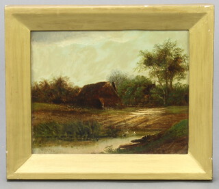 C Morris, oil on canvas, study of a country cottage 9cm x 24cm 