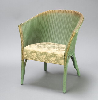 A green painted Lloyd Loom chair with label 68cm h x 60cm w x 47cm d 