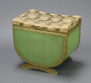 A green painted loom linen basket/stool of shaped outline with hinged lid 41cm h x 47cm w x 34cm d 