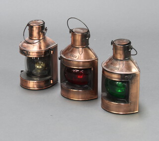 Three reproduction copper ships lanterns marked Masthead, Port and Starboard 24cm h x 11cm x 11cm 