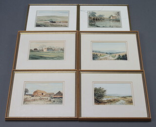 Duncan Bruce, six watercolours, Sussex scenes, Stopham bridge, cultivating below the downs etc 12cm x 8cm, framed 