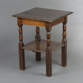 A square oak 2 tier occasional table  63cm h x 52cm w x 50cm d, an Edwardian walnut 2 tier occasional table 75cm h x 60cm w x 60cm d, a circular walnut table  59cm h x 68cm diam. (water marked and scratched) and a 1930's oak occasional table raised on spiral turned supports with box framed stretcher 78cm h x 59cm diam. (water marks)