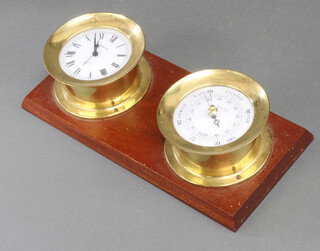 Shortland Bowen, a ships style clock and barometer contained in a brass and mahogany case 8cm h x 35cm w x 6cm d 