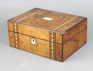 A Victorian rectangular inlaid walnut trinket box with hinged lid 12cm x 27cm x 20cm 