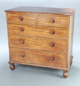 A Victorian bleached mahogany chest of 2 short and 3 long drawers, raised on turned supports 112cm h x 110cm w x 57cm d 